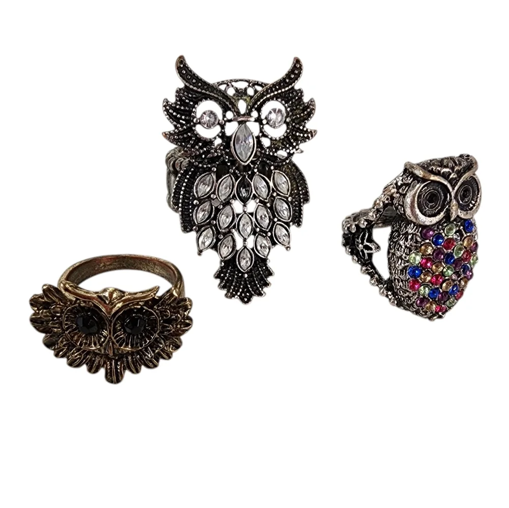 Bundle of 3 Owl Rings Antique Silver And Brass Tone With Rhinestones - Picture 7 of 15